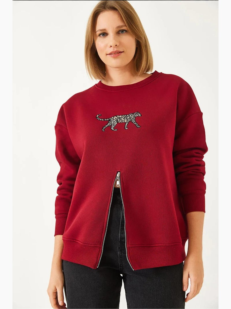Felpa con stampa leopardata e cerniera frontale in triplo filato spazzolato bianco lucci Rosso bordeaux - Kiabi