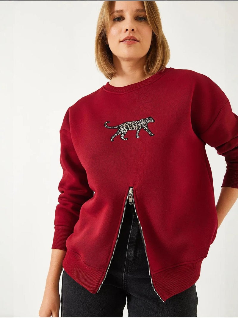 Felpa con stampa leopardata e cerniera frontale in triplo filato spazzolato bianco lucci Rosso bordeaux - Kiabi