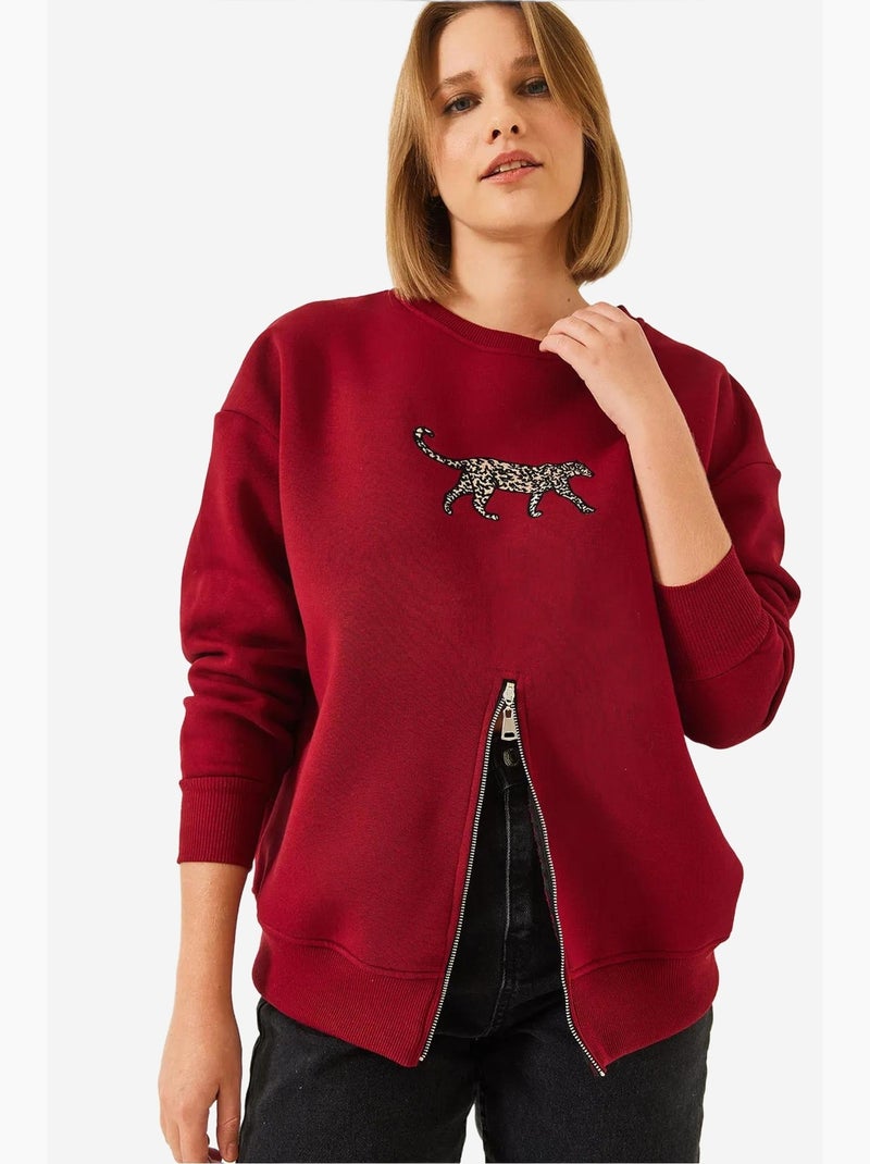 Felpa con stampa leopardata e cerniera frontale in triplo filato spazzolato bianco lucci Rosso bordeaux - Kiabi