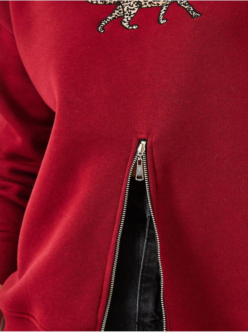 Felpa con stampa leopardata e cerniera frontale in triplo filato spazzolato bianco lucci Rosso bordeaux - Kiabi