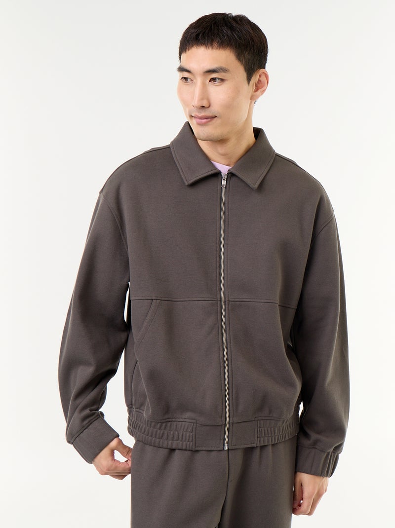 Felpa con zip e collo a camicia Kaki - Kiabi