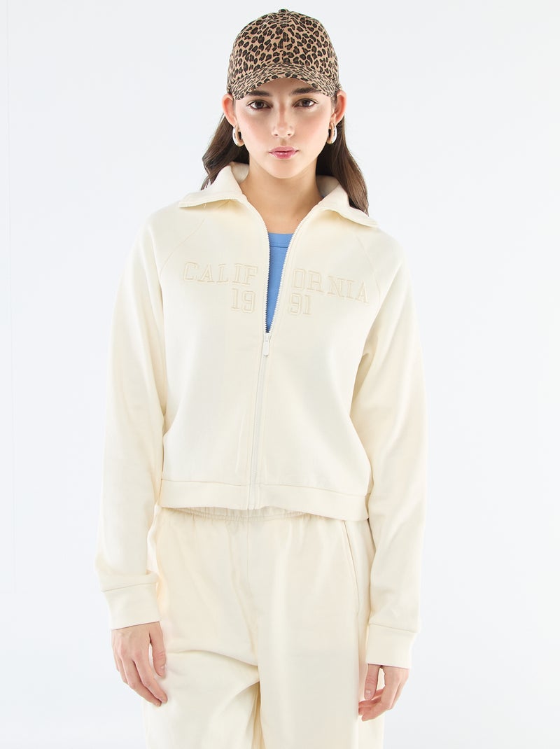 Felpa corta con zip e scritta ricamata Beige - Kiabi