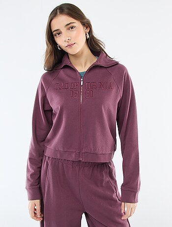 Felpa corta con zip e scritta ricamata