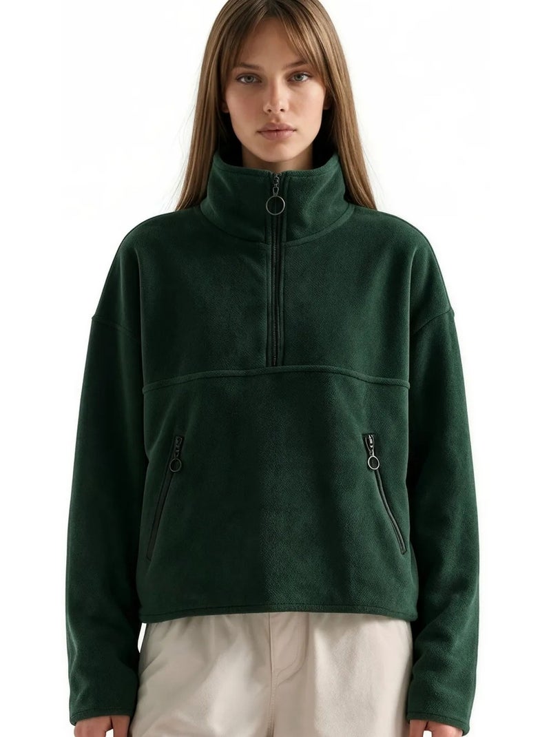 Felpa corta da donna con mezza zip busem Verde scuro - Kiabi
