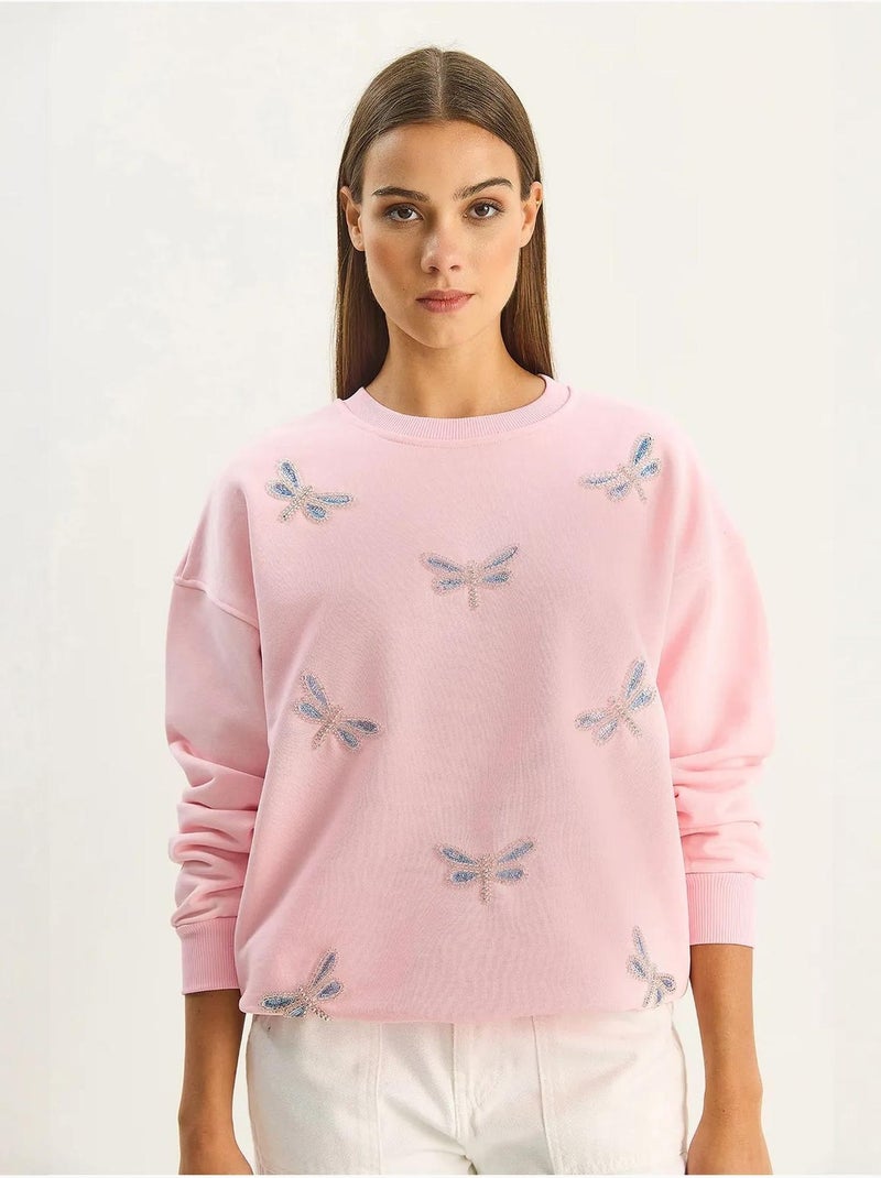 Felpa girocollo con libellule ricamate lucci Rosa confetto - Kiabi