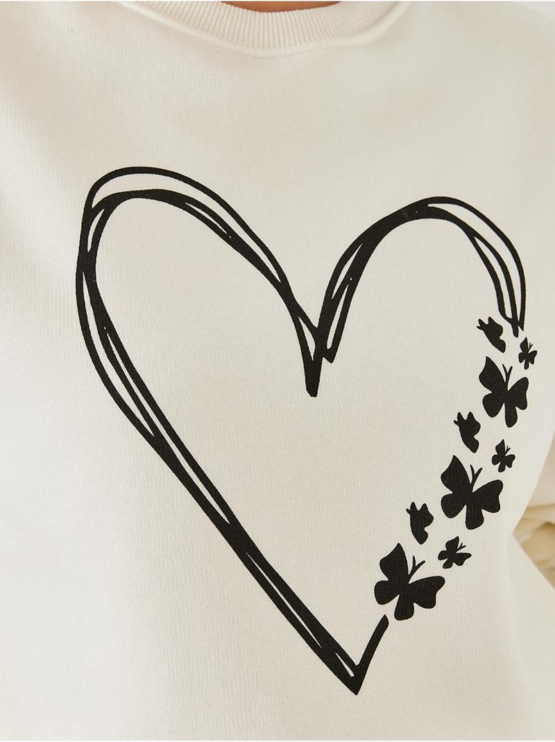Felpa girocollo in filato spazzolato con stampa a cuore lucci Beige argilla - Kiabi