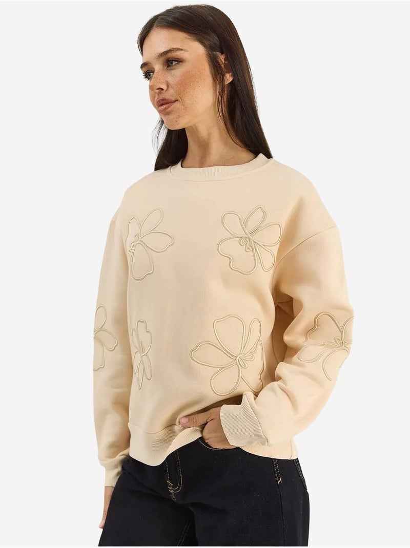 Felpa girocollo ricamata a maniche lunghe lucci Beige argilla - Kiabi