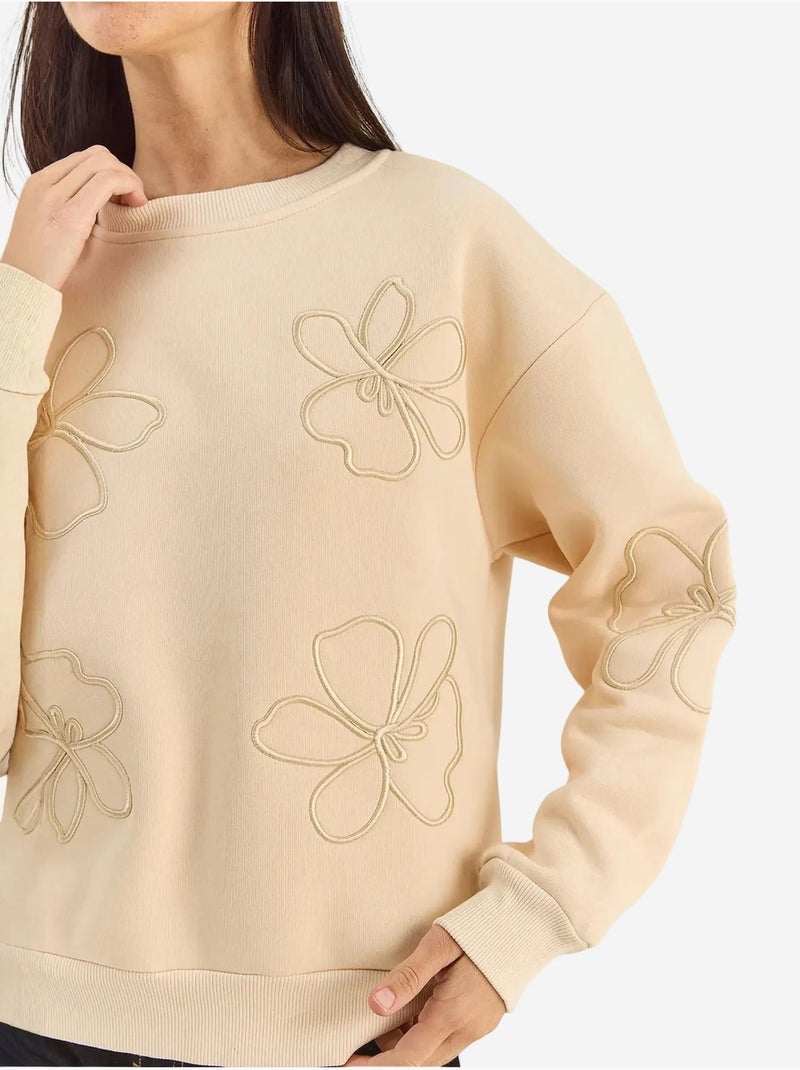Felpa girocollo ricamata a maniche lunghe lucci Beige argilla - Kiabi