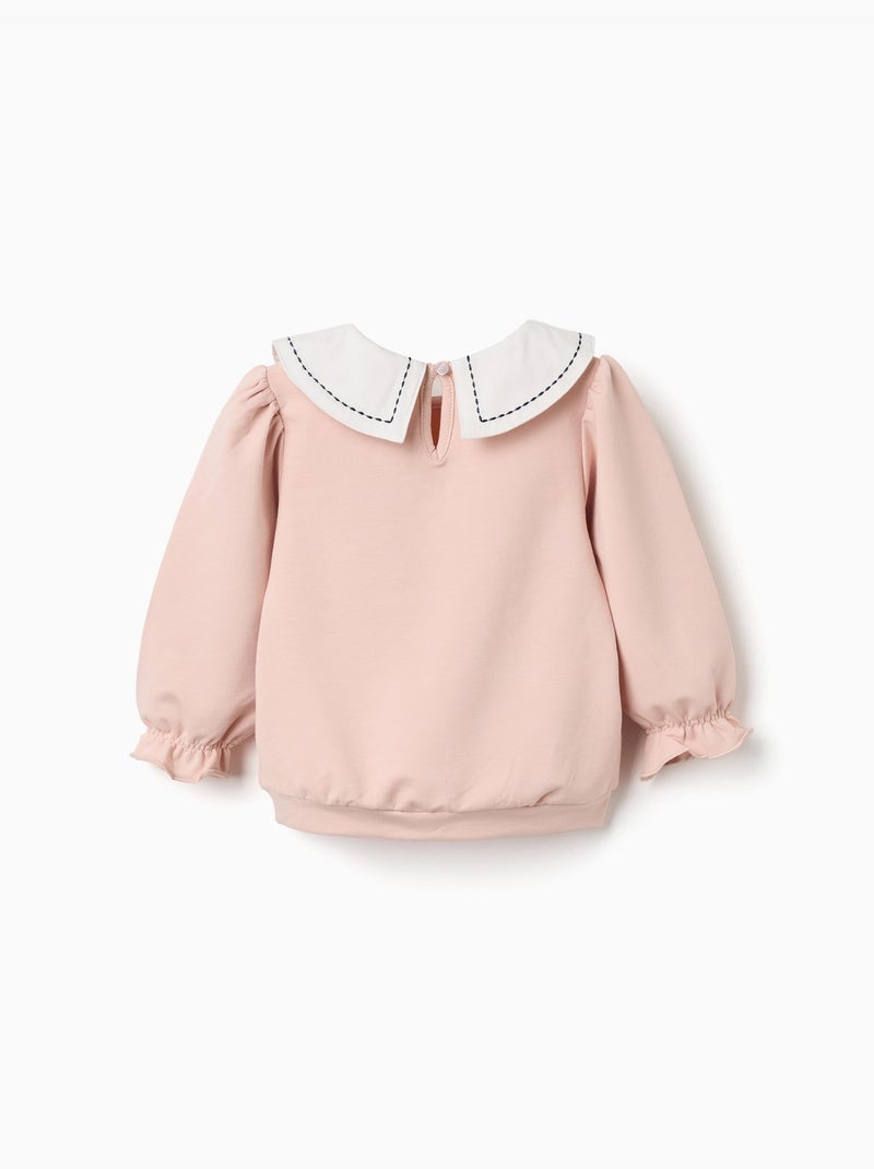 Felpa in cotone con colletto ricamato Rosa chiaro - Kiabi