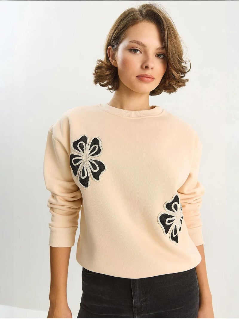 Felpa in cotone con girocollo ricamata lucci Beige argilla - Kiabi