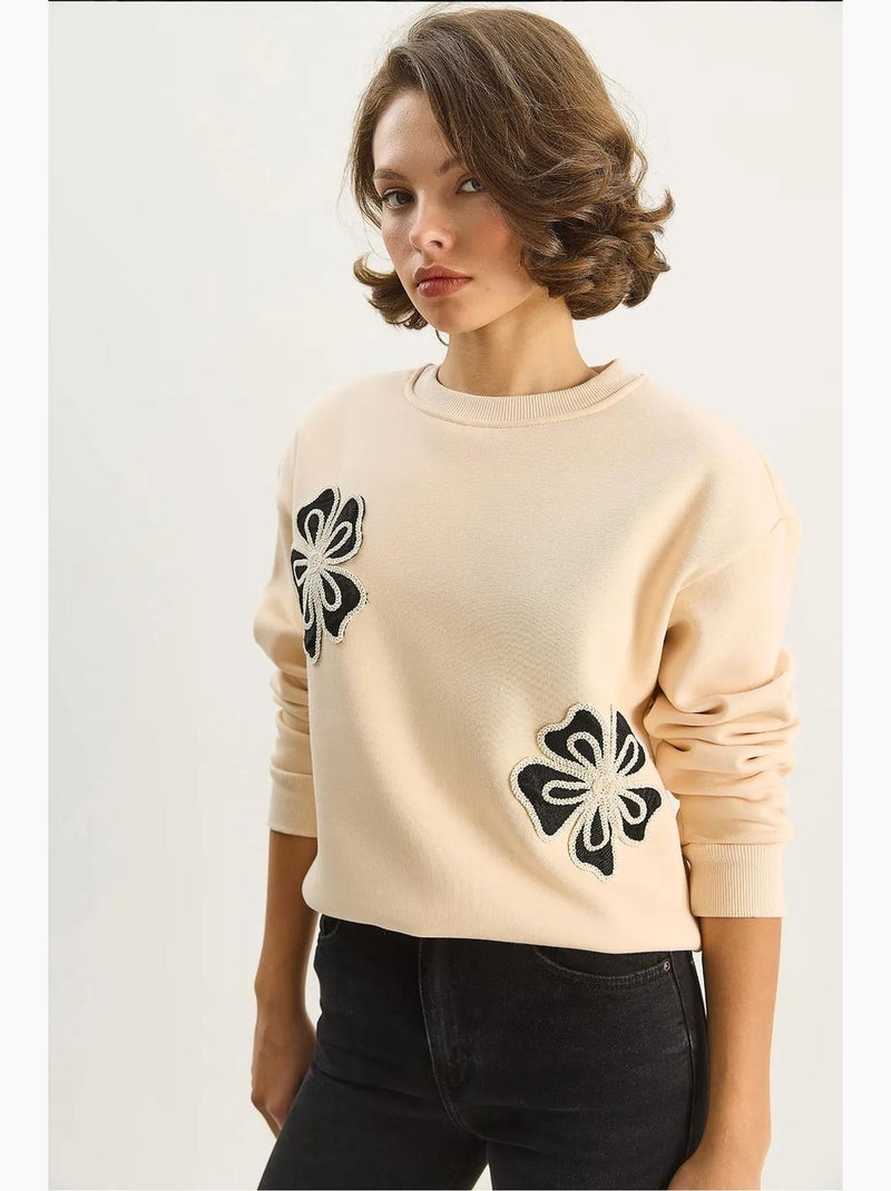 Felpa in cotone con girocollo ricamata lucci Beige argilla - Kiabi