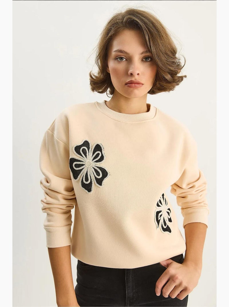 Felpa in cotone con girocollo ricamata lucci Beige argilla - Kiabi