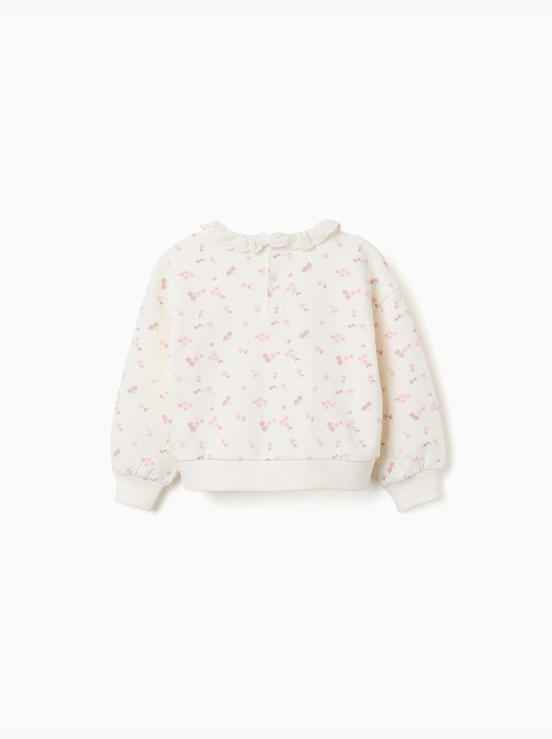 Felpa in cotone con motivo floreale e collo arricciato Bianco - Kiabi
