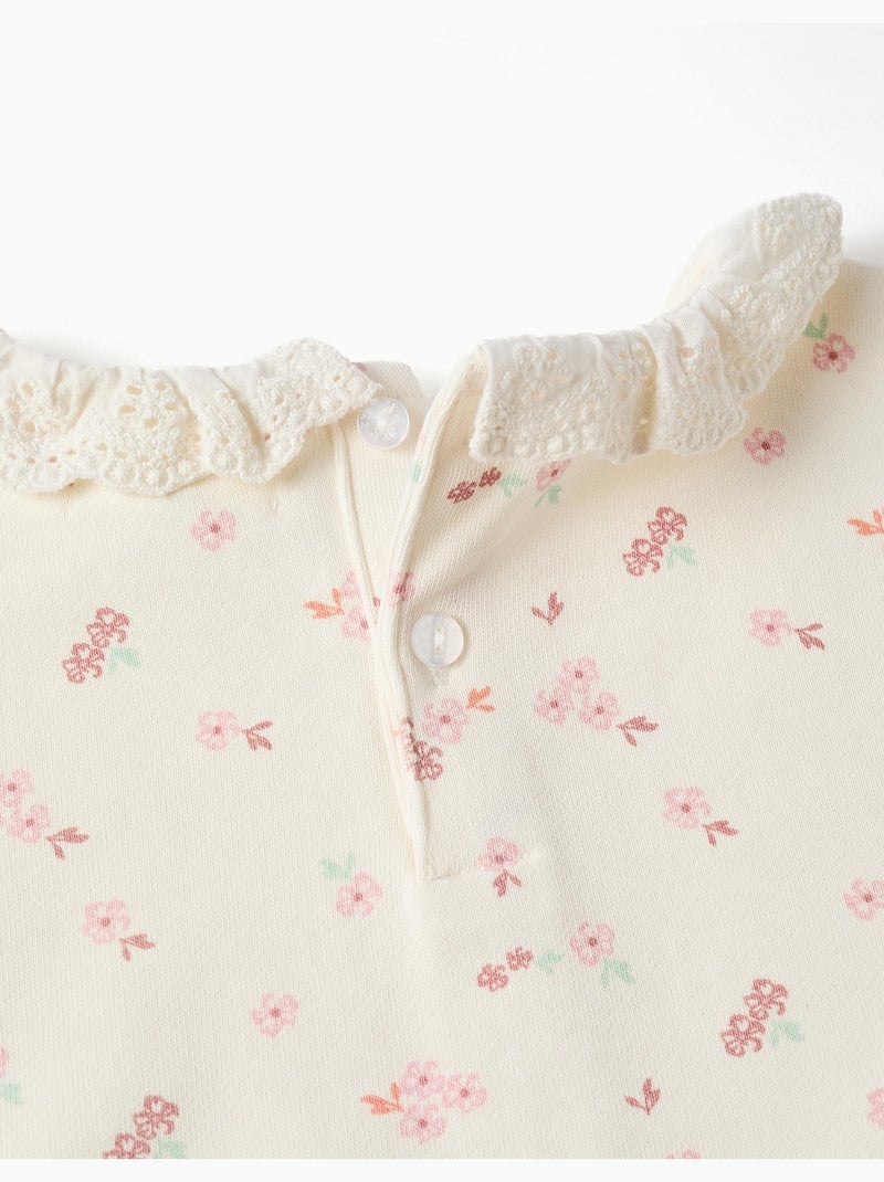 Felpa in cotone con motivo floreale e collo arricciato Bianco - Kiabi