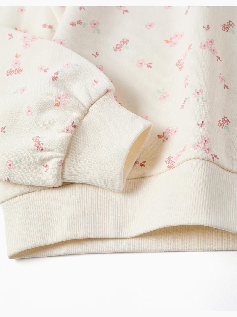 Felpa in cotone con motivo floreale e collo arricciato Bianco - Kiabi