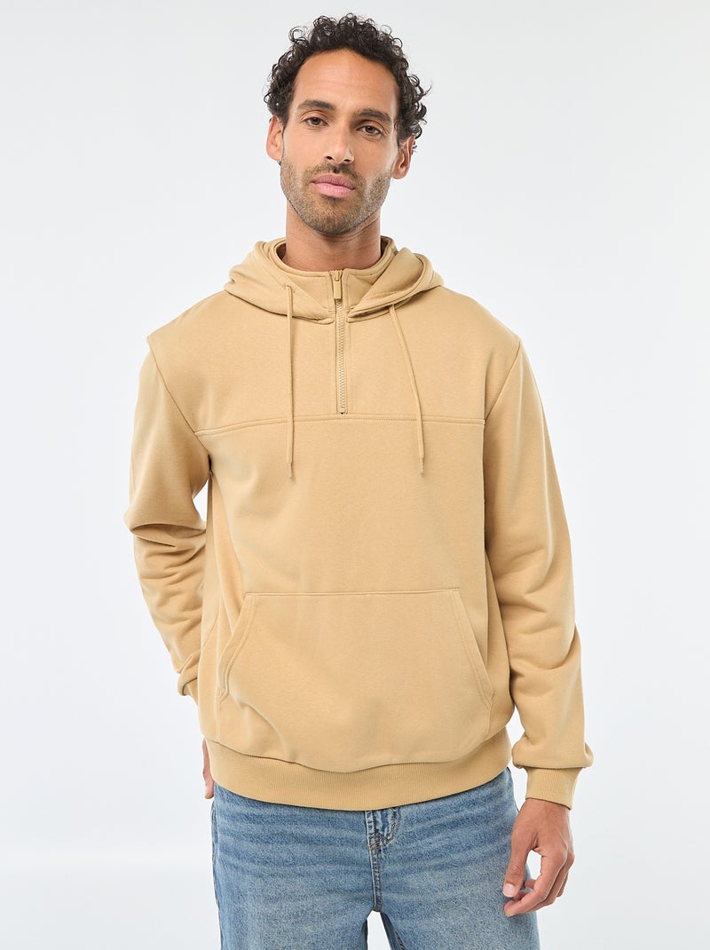 Felpa in felpa garzata con cappuccio e apertura zip sul collo Beige - Kiabi