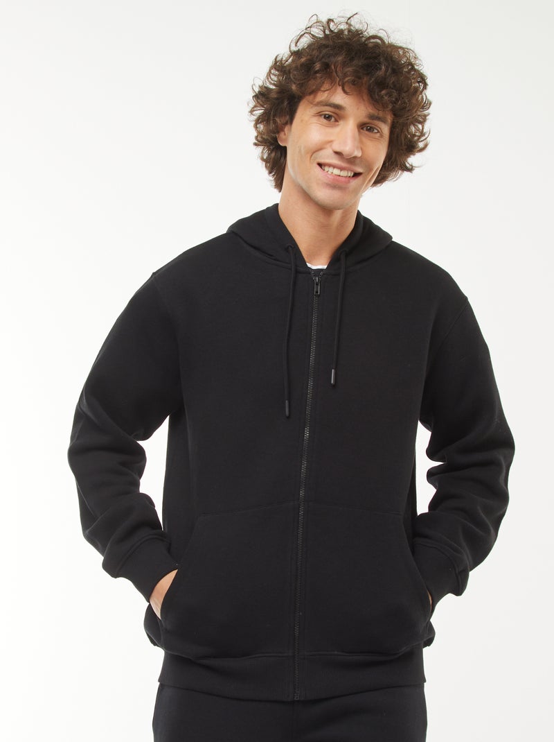 Felpa in felpa garzata con zip e cappuccio nero - Kiabi