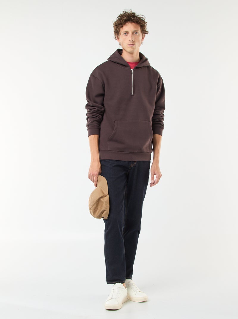 Felpa in tessuto felpato con con cappuccio e apertura sul collo con zip Marrone - Kiabi