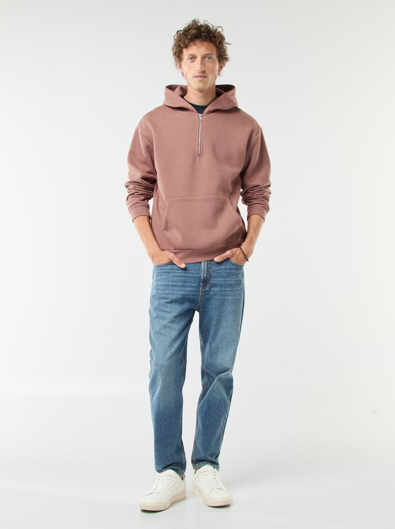 Felpa in tessuto felpato con con cappuccio e apertura sul collo con zip Marrone - Kiabi