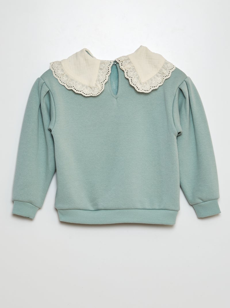 Felpa in tessuto felpato con ricami in sangallo sul collo VERDE - Kiabi