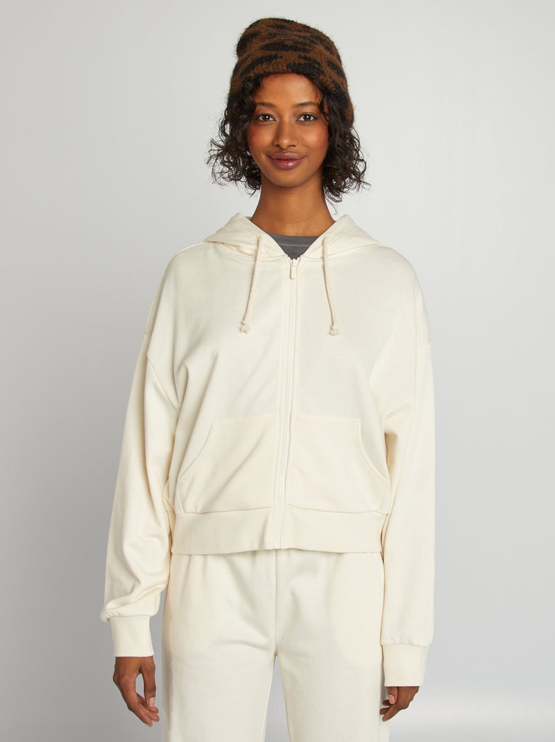 Felpa in tessuto felpato tinta unita con zip e cappuccio BEIGE - Kiabi