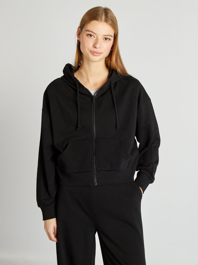 Felpa in tessuto felpato tinta unita con zip e cappuccio nero - Kiabi
