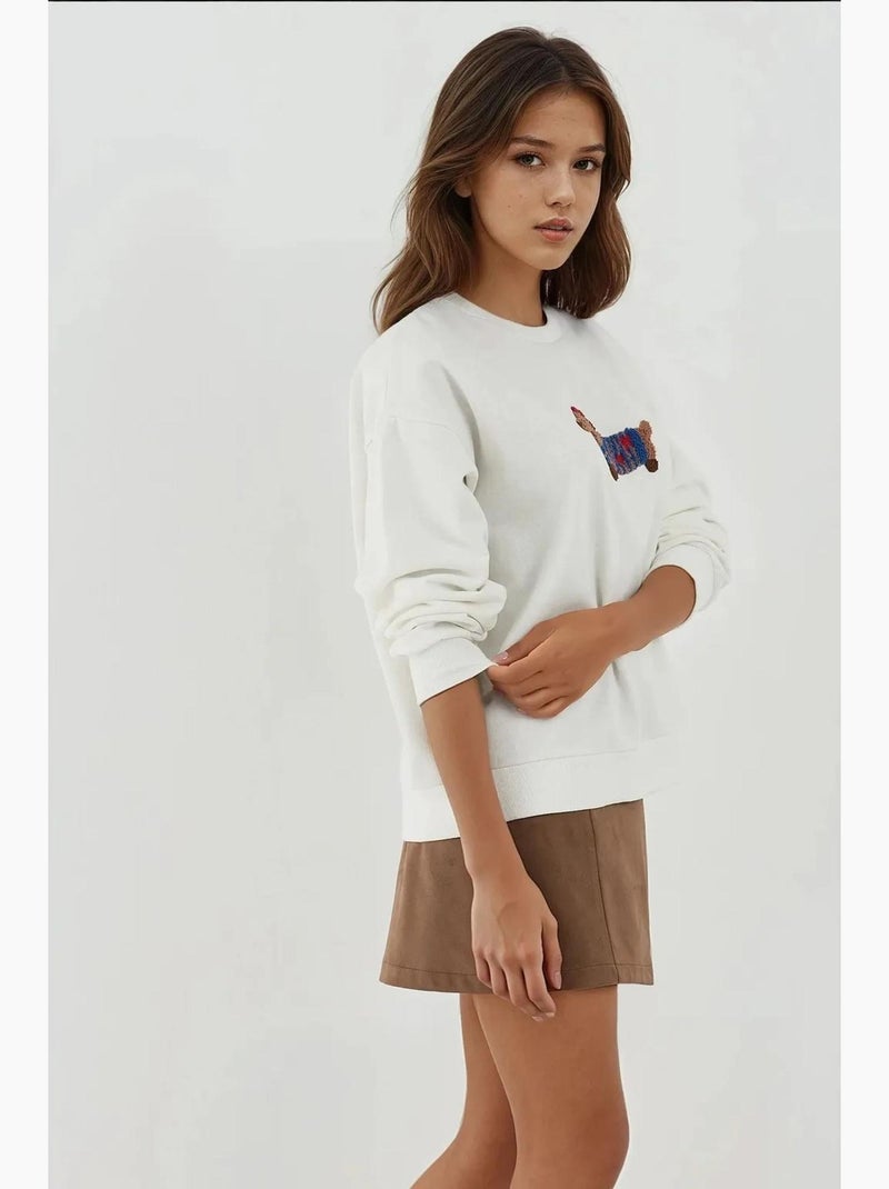 Felpa oversize in cotone con girocollo e ricamo hiccup Avorio - Kiabi