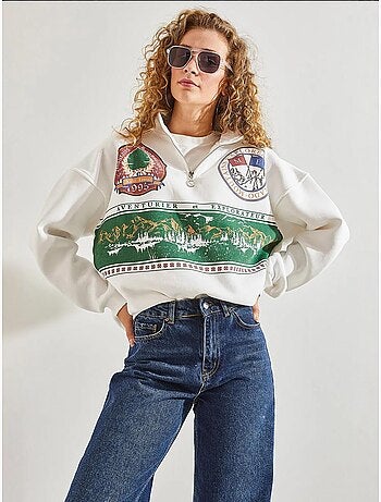 Felpa oversize stampata con zip lucci