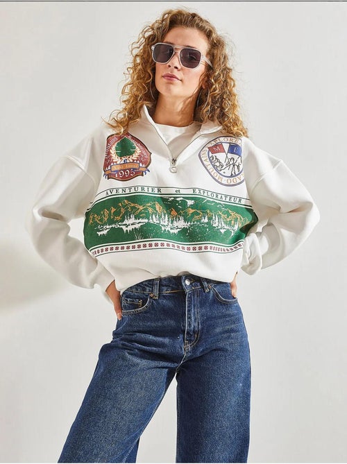Felpa oversize stampata con zip lucci - Kiabi Felpa oversize stampata con zip lucci - Kiabi