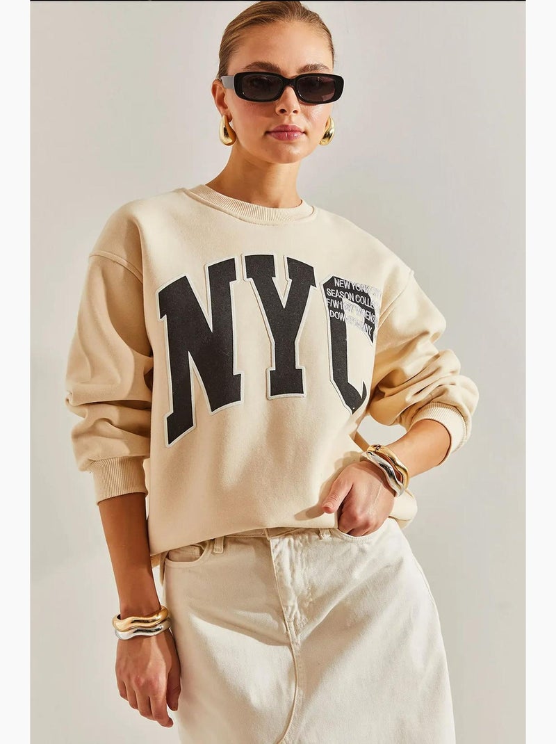 Felpa oversize stampata spazzolata a tre strati bianco lucci Beige argilla - Kiabi
