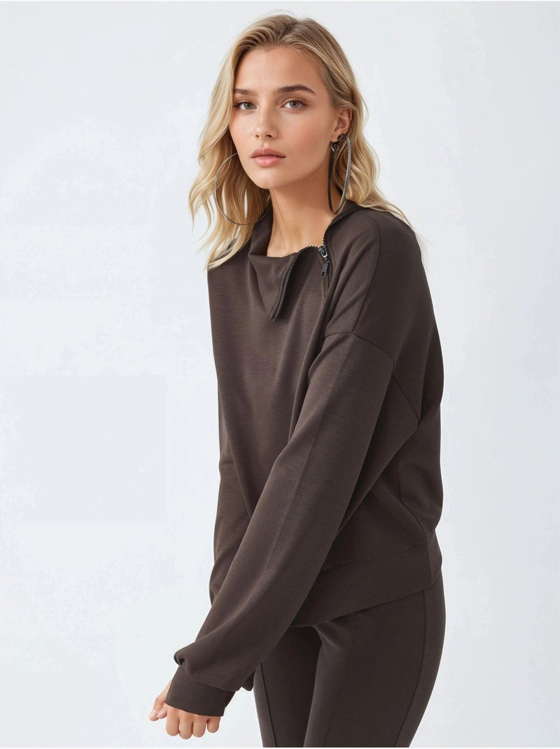 Felpa relaxed fit con collo con zip busem Marrone scuro - Kiabi