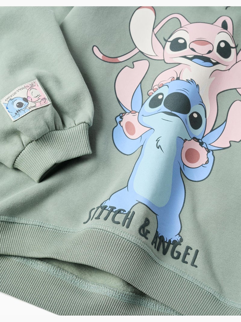 Felpa spazzolata con cappuccio e stampa Stitch e Angel Verde - Kiabi