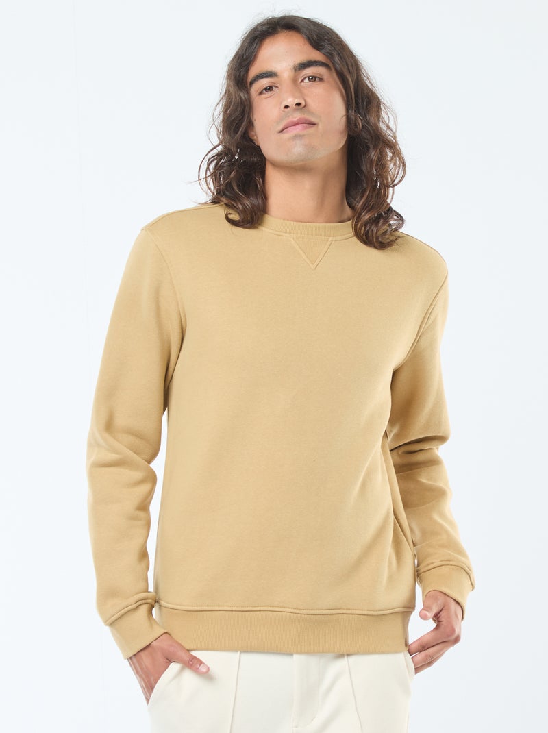 Felpa tinta unita con collo rotondo in felpa garzata Beige - Kiabi