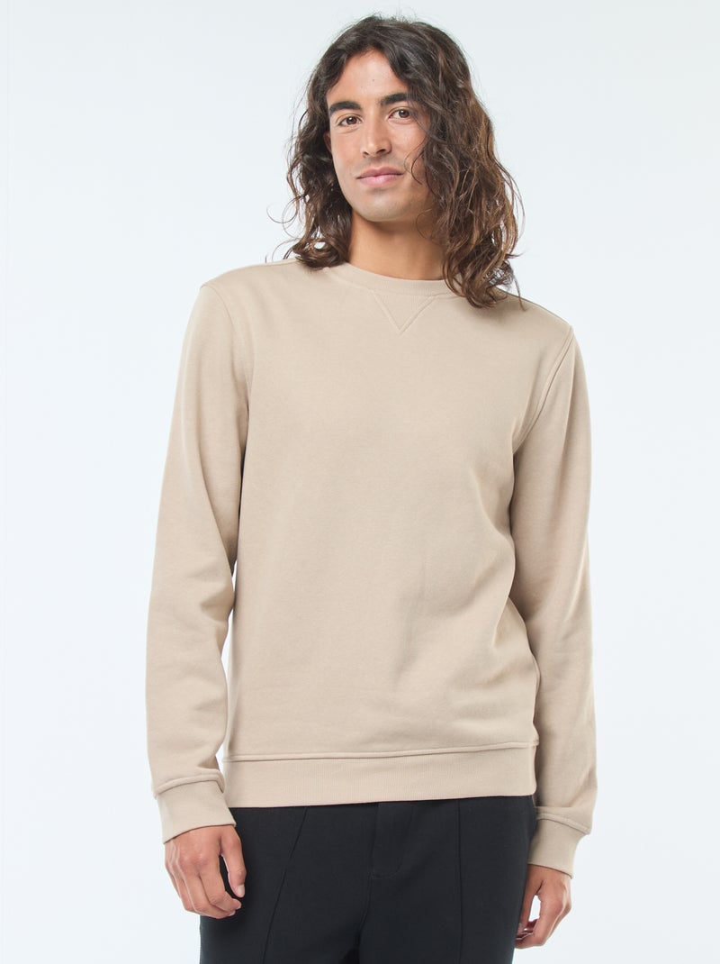 Felpa tinta unita con collo rotondo in felpa garzata Beige - Kiabi