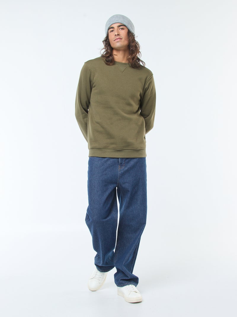 Felpa tinta unita con collo rotondo in felpa garzata Kaki - Kiabi