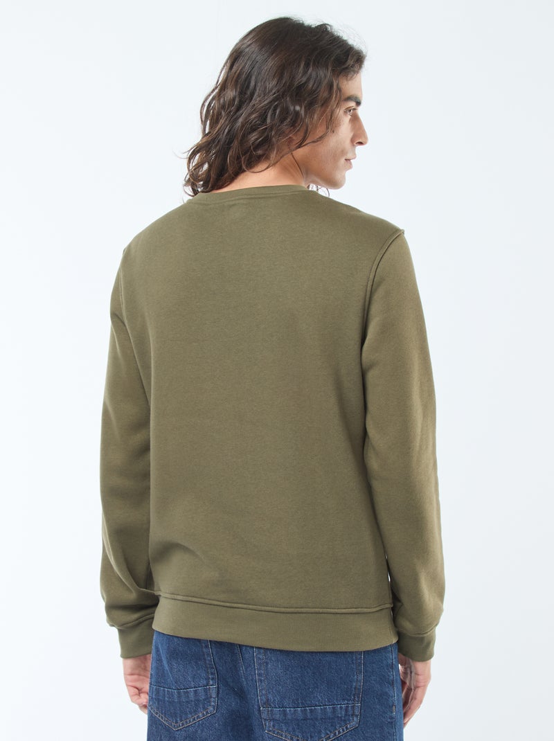 Felpa tinta unita con collo rotondo in felpa garzata Kaki - Kiabi