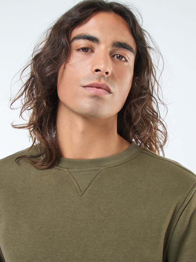 Felpa tinta unita con collo rotondo in felpa garzata Kaki - Kiabi