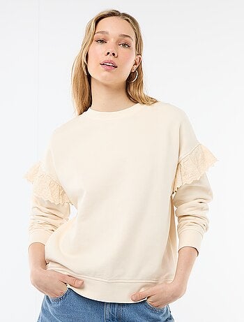 Felpa tinta unita con volant in pizzo inglese sulle maniche