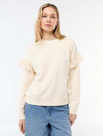 Felpa tinta unita con volant in pizzo inglese sulle maniche