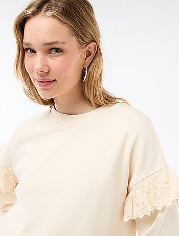 Felpa tinta unita con volant in pizzo inglese sulle maniche