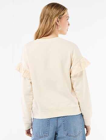 Felpa tinta unita con volant in pizzo inglese sulle maniche