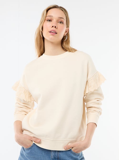 Felpa tinta unita con volant in pizzo inglese sulle maniche - Kiabi