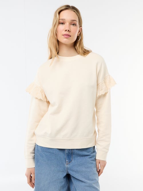 Felpa tinta unita con volant in pizzo inglese sulle maniche - Kiabi