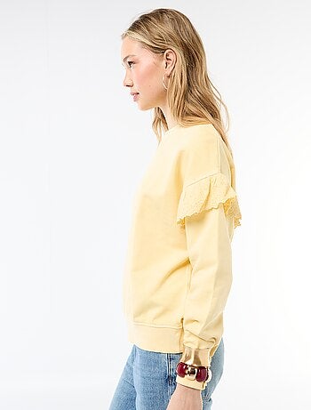 Felpa tinta unita con volant in pizzo inglese sulle maniche