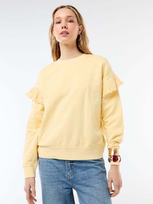 Felpa tinta unita con volant in pizzo inglese sulle maniche - Kiabi