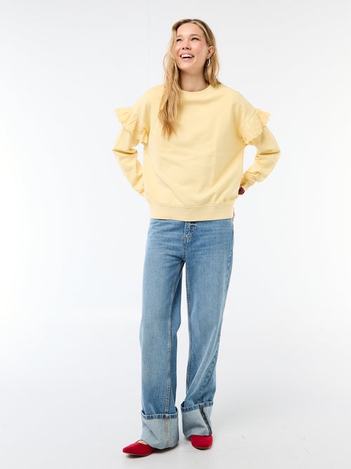 Felpa tinta unita con volant in pizzo inglese sulle maniche - Kiabi