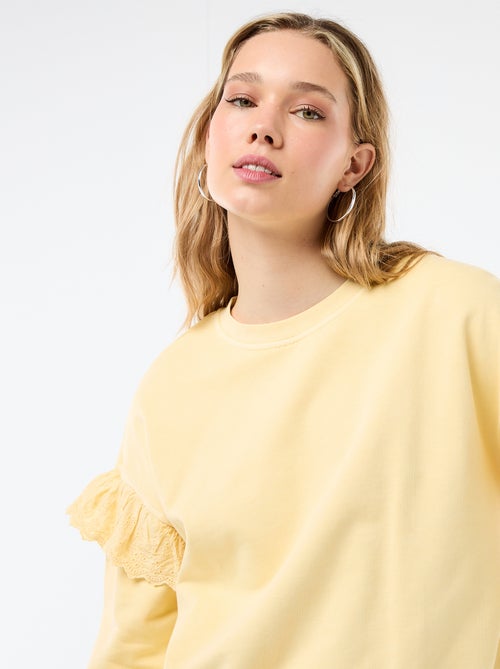 Felpa tinta unita con volant in pizzo inglese sulle maniche - Kiabi