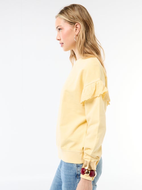 Felpa tinta unita con volant in pizzo inglese sulle maniche - Kiabi