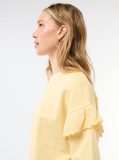 Felpa tinta unita con volant in pizzo inglese sulle maniche - Kiabi