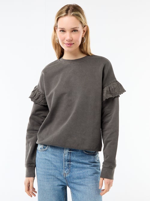 Felpa tinta unita con volant in pizzo inglese sulle maniche - Kiabi